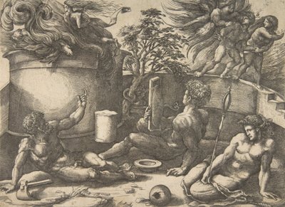 Caino che tiene uno specchio osservando il suo sacrificio avvolto dalle fiamme, Adamo ed Eva seduti da Agostino Veneziano