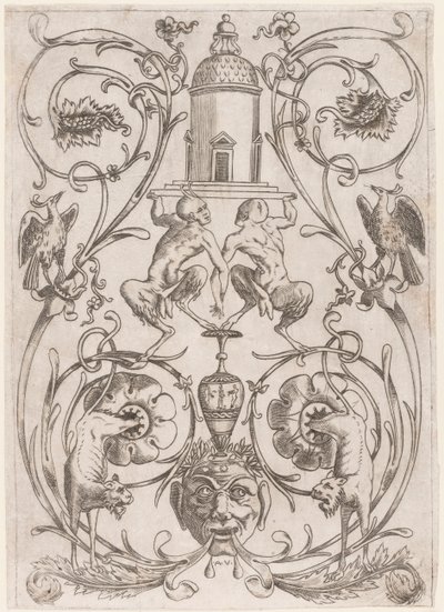 Ornamento grottesco con satiri, da una serie di venti pannelli ornamentali da Agostino Veneziano
