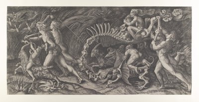 Lo Stregozzo: una strega femmina che cavalca uno scheletro di animale, preceduta da due uomini (ca. 1515-25) da Agostino Veneziano