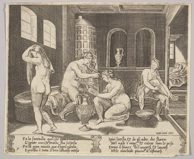 Piatto 7: Psiche assistita nel suo bagno da ninfe, sullo sfondo a destra Psiche repr..., ca. 1520-36 da Agostino Veneziano