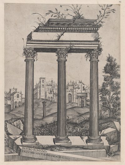 Speculum Romanae Magnificentiae: Tempio di Antonino e Faustina, XVI secolo da Agostino Veneziano.