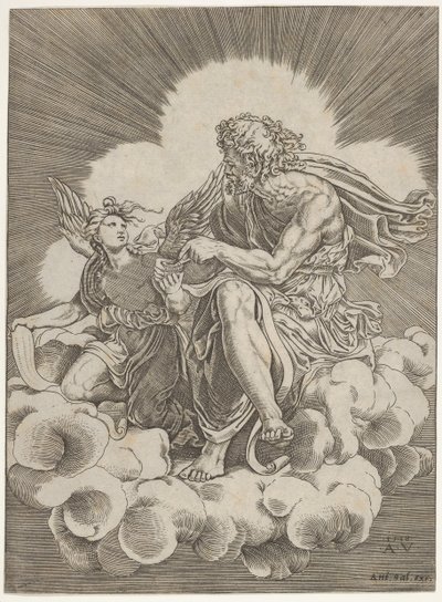 San Matteo, seduto su una nuvola e intingendo una penna in un calamaio tenuto da un angelo da Agostino Veneziano