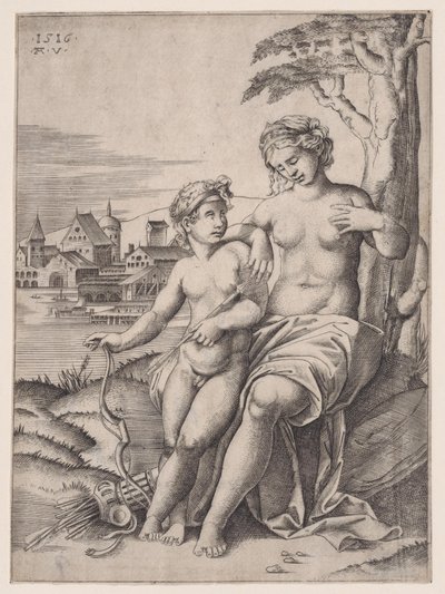 Venere e Eros, datato 1516 da Agostino Veneziano
