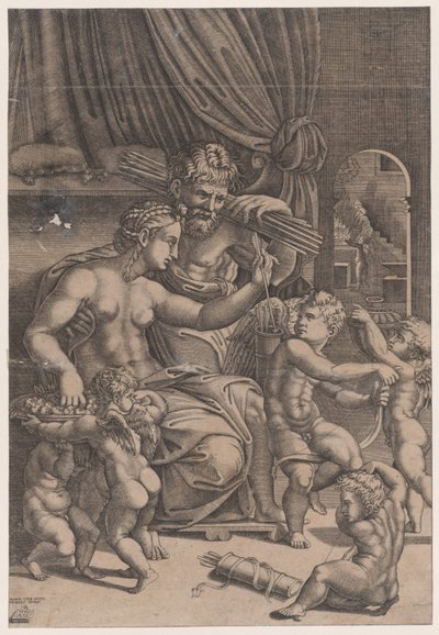 Venere e Vulcano circondati da Cupidi, datato 1530 da Agostino Veneziano