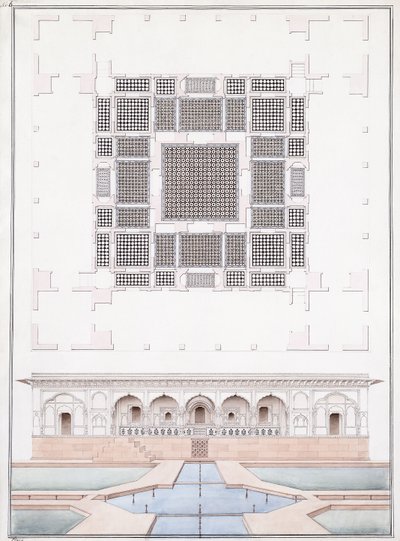 Elevazione del fronte sud e del Palazzo del Giardino del Suraj Bhawan a Dig, c.1830 da Agra School