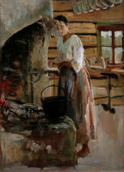 Donna che cucina coregoni da Akseli Valdemar Gallen Kallela