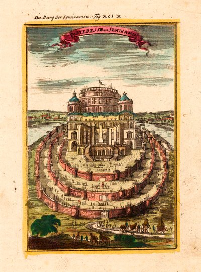 La fortezza e i giardini pensili della regina leggendaria Semiramide a Babilonia - Incisione su rame e acquerello di Alain Manesson Mallet da Alain Manesson Mallet