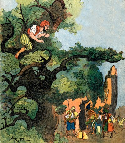 Ali Baba ascolta un gruppo di quaranta ladroni che visitano il loro tesoro, illustrazione di Albert Robida per Ali Baba e i quaranta ladroni, 1945, collezione privata da Albert (after) Robida
