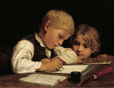 Un ragazzo che scrive; Schreibender Knabe Mit Schwesterchen da Albert Anker