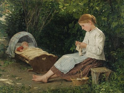 Ragazza che lavora a maglia guardando il bambino nella culla da Albert Anker