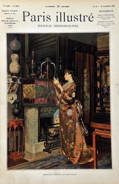 Cianfrusaglie cinesi. Una donna europea vestita in stile orientale osserva la sua collezione di oggetti cinesi. Illustrazione di Albert Aublet (1851-1938). Incisione del 1887 in "Paris-Illustrous journal weekly" da Albert Aublet