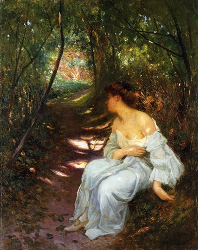 Una giovane donna seduta su un sentiero boscoso, 1908 da Albert Auguste Fourie