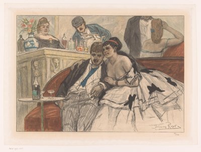 Uomo e donna seduti su una panca rossa al bar di un teatro da Albert Bertrand (attributed to)