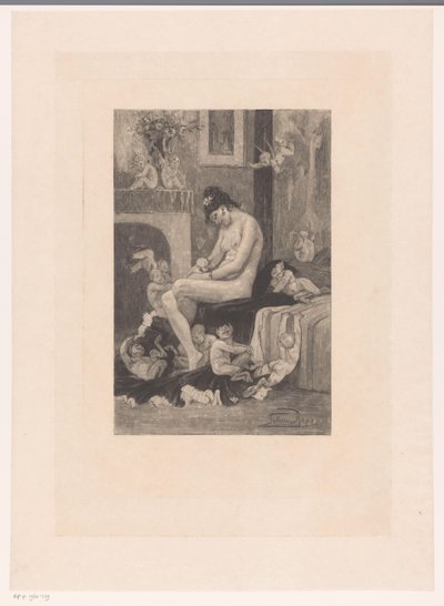 Donna nuda sul bordo di un letto circondata da demoni giocosi da Albert Bertrand (attributed to)