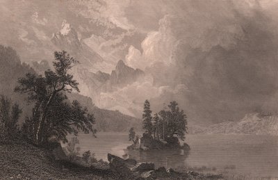 Vista del Lago Esther, Sierra Nevada, California, Stati Uniti, incisione su acciaio di Robert Hinshelwood dopo un dipinto di Albert Bierstadt da Albert Bierstadt