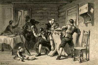 Puritani che barricano la loro casa contro gli indiani, 1877 da Albert Bobbett