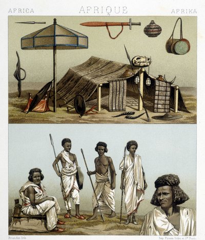 Accampamento e abbigliamento tradizionale della Nubia. Illustrazione in "Il costume storico" di Racinet da Albert Charles August Racinet