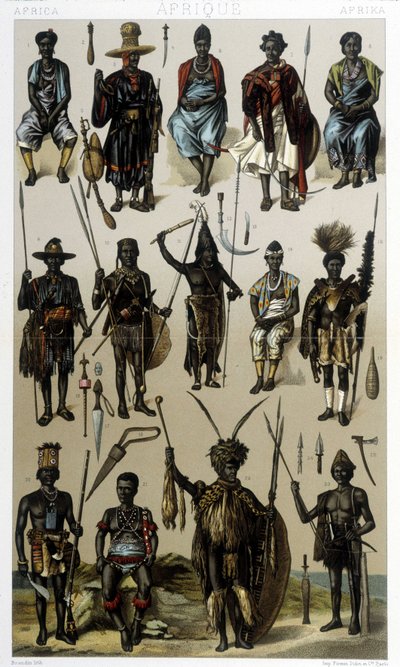 Costumi della Guinea, Senegal e Gabon. Illustrazione in “Le costume historique” di Racinet da Albert Charles August Racinet