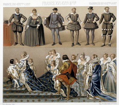 Costumi della regina Margherita di Francia (in basso) e di Enrico IV (in alto) nei secoli XVII e XVIII. Illustrazione in "Il costume storico" di Racinet da Albert Charles August Racinet