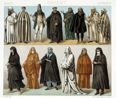 Costumi di monaci e religiosi in Medio Oriente nel XIX secolo. Illustrazione in “Il costume storico” di Racinet da Albert Charles August Racinet