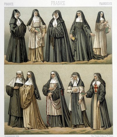 Costumi delle suore in Francia nel XVIII secolo. Illustrazione in "Le costume historique" di Racinet da Albert Charles August Racinet