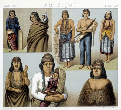 Costumi degli indiani della California. Illustrazione in "Il costume storico" di Racinet da Albert Charles August Racinet