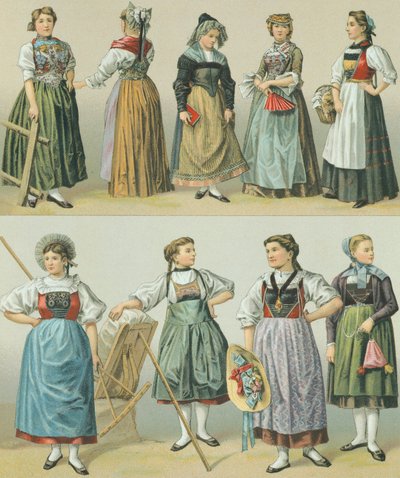 Costumi dei Cantoni, illustrazione da The Complete Costume History di Racinet Auguste da Albert Charles August Racinet