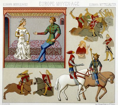 Costumi del Medioevo in Francia. Tavola cromolitografica - in "Il costume storico" di Racinet da Albert Charles August Racinet