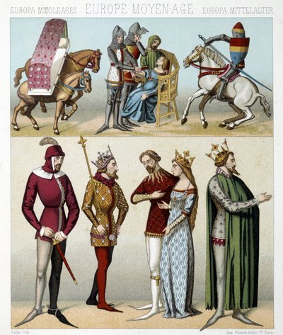 Costumi del Medioevo in Francia. Illustrazione in "Le costume historique" di Racinet da Albert Charles August Racinet