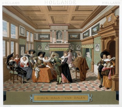 Olandesi in costumi e in un interno del XVIII secolo. Illustrazione in "Le costume historique" di Racinet da Albert Charles August Racinet