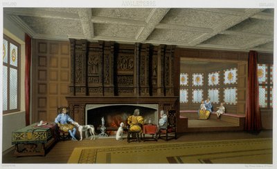 Signore inglese e la sua famiglia nella sua casa del XVII secolo. Tavola cromolitografica - in "Il costume storico" di Racinet da Albert Charles August Racinet
