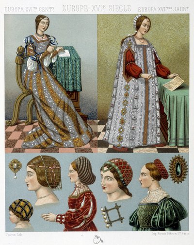 Moda e acconciature in Europa nel XVI secolo - in "Le costume historique" di Racinet, fine XIX secolo da Albert Charles August Racinet