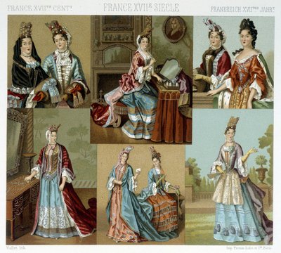 Moda e acconciature in Francia nel XVIII secolo - in "Le costume historique" di Racinet, fine XIX secolo da Albert Charles August Racinet
