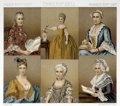 Moda femminile francese nel XVIII secolo. Illustrazione in "Le costume historique" di Racinet da Albert Charles August Racinet