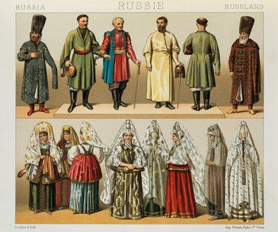 Abito storico del popolo russo, illustrazione da The Complete Costume History di Racinet Auguste da Albert Charles August Racinet