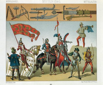 Illustrazione da Costumi Storici di Auguste Racinet, Volume IV, Cavalieri francesi da Albert Charles August Racinet