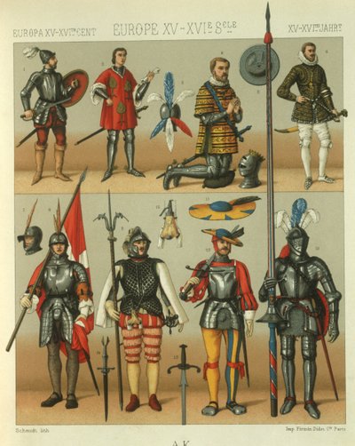 Illustrazione di armature di guerrieri europei da Albert Charles August Racinet