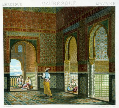 Interno di una casa moresca (Alhambra, stanza della Benedizione). Cromolitografia - in "Le costume historique" di Racinet da Albert Charles August Racinet