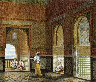 Interno di una casa moresca (Alhambra, stanza della Benedizione). Tavola cromolitografica - in "Le costume historique" di Racinet da Albert Charles August Racinet