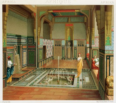 Interno di una casa ricca al Cairo, Illustrazione da Storia Completa del Costume di Auguste Racinet da Albert Charles August Racinet