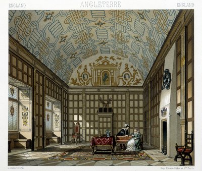 Interno di una casa signorile in Inghilterra nel XVII secolo. Illustrazione in "Il costume storico" di Racinet da Albert Charles August Racinet