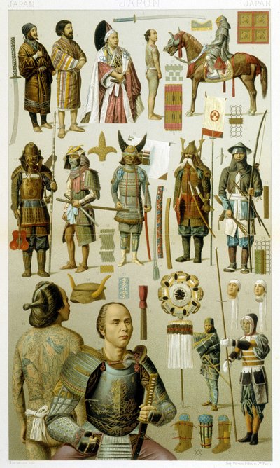 Costumi di guerrieri giapponesi (samurai o yakuza). Tavola cromolitografica - in "Le costume historique" di Racinet da Albert Charles August Racinet