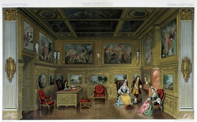 Uomini e donne in una ricca casa del XVIII secolo. Illustrazione in "Il costume storico" di Racinet da Albert Charles August Racinet
