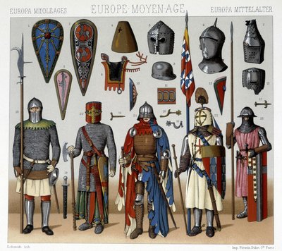 Costumi militari ed elmi in Francia dal XIII al XV secolo. Illustrazione in "Le costume historique" di Racinet da Albert Charles August Racinet