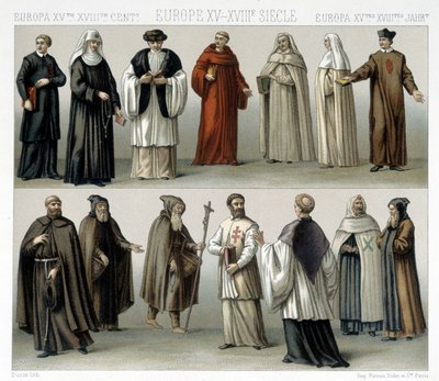 Costumi monastici in Europa dal XV al XVIII secolo. Illustrazione in "Le costume historique" di Racinet da Albert Charles August Racinet