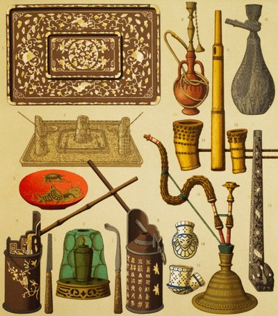 Pipa e oggetti usati dai fumatori, litografia da The Complete Costume History, primo volume da Albert Charles August Racinet