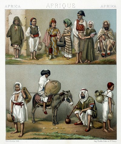 Costumi popolari di Algeria e Tunisia. Illustrazione in "Le costume historique" di Racinet da Albert Charles August Racinet