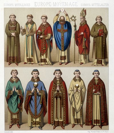 Costumi religiosi in Europa nel Medioevo. Illustrazione in "Le costume historique" di Racinet da Albert Charles August Racinet