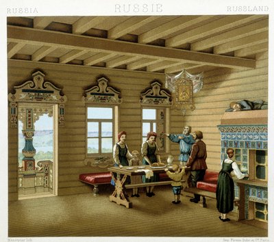 Famiglia russa in una residenza tipica in Russia nel XIX secolo. Tavola cromolitografica - in "Il costume storico" di Racinet da Albert Charles August Racinet