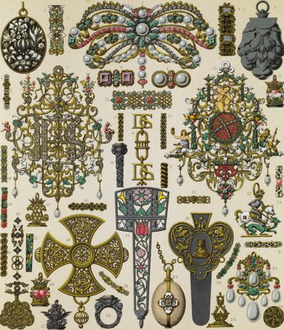 Gioielli del XVII secolo, litografia di Schmidt pubblicata in Le costume historique, Volume V da Albert Charles August Racinet